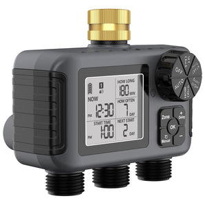 Haozee Irrigation Computer with 3 Independently Controlled Outlets, Water Timer with Rain Delay/Automatic & Manual Mode, Large Screen LCD Display, Water Timer for Garden, Lawn
