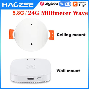 Haozee 24GHz mmWave Human Presence Sensor (WiFi/Zigbee), Tuya Smart Microwave Radar Detector [AC 85-250V / USB 5V Power Optional]