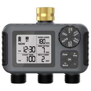 Haozee Irrigation Computer with 3 Independently Controlled Outlets, Water Timer with Rain Delay/Automatic & Manual Mode, Large Screen LCD Display, Water Timer for Garden, Lawn