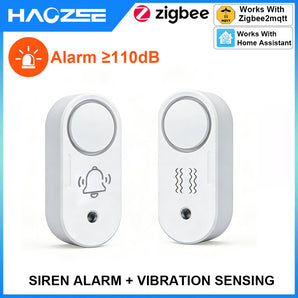 Haozee Zigbee 3.0 Wireless Siren Alarm & Vibration Sensor – 110dB High-Volume Security Alert, Battery-Powered, Home Assistant Compatible