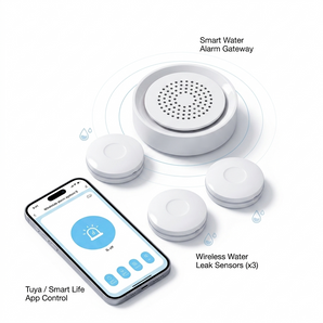 Smart WiFi Water Leak Alarm Kit (1 Gateway + 3 Sensors), 300M(984ft)Long-Range, 11 Alarm Sounds, IP66 Waterproof