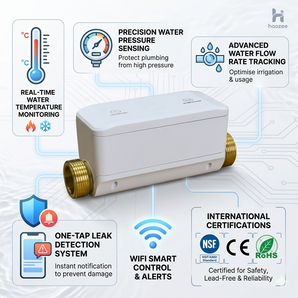 Haozee WiFi Smart Water Main Shut Off Valve: Ultrasonic Flow Meter with NSF & FCC Certified, Smart Leak Detector & Water Pressure/Temperature Monitor, Remote Control via App